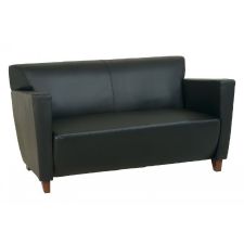 Black Leather Love Seat with Cherry Finish